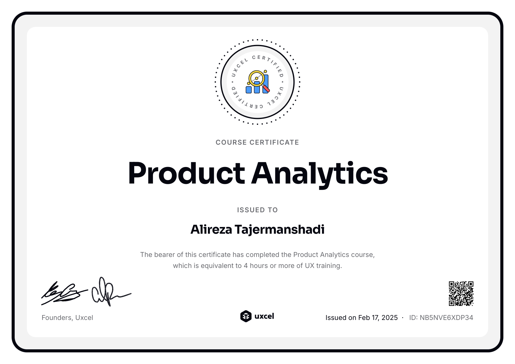 Alireza Tajermanshadi's certificate
